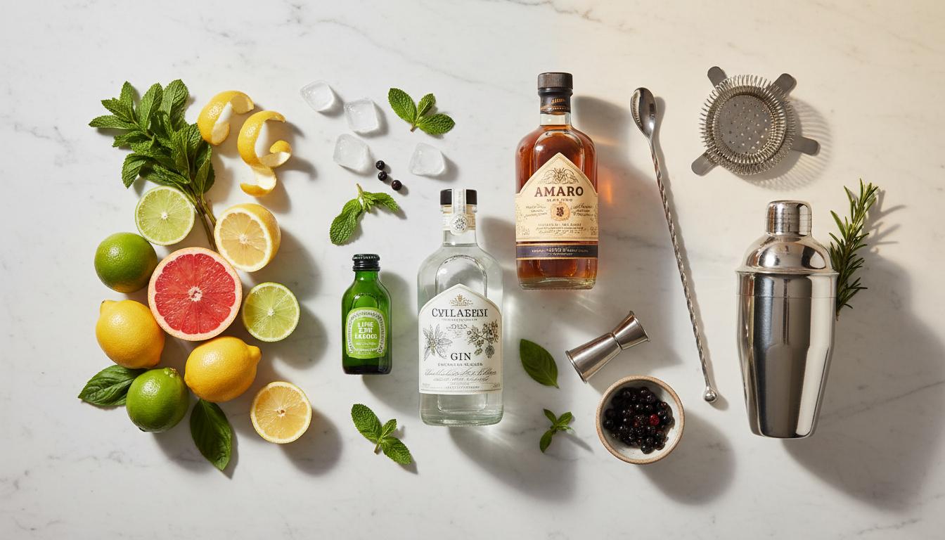 Overhead flat-lay of cocktail ingredients on white marble